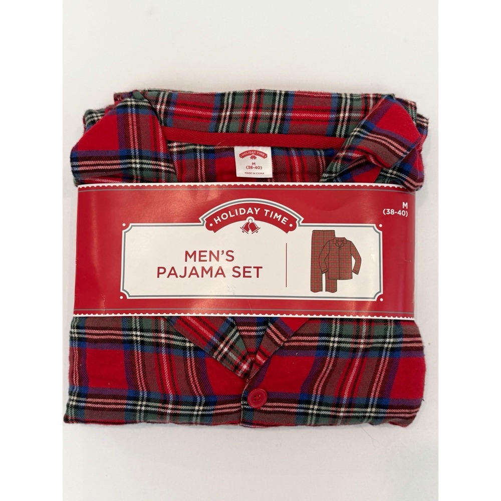 Holiday Time Men's Plaid Flannel 2-Piece Pajama Set Cotton/Rayon Button M, GIFT